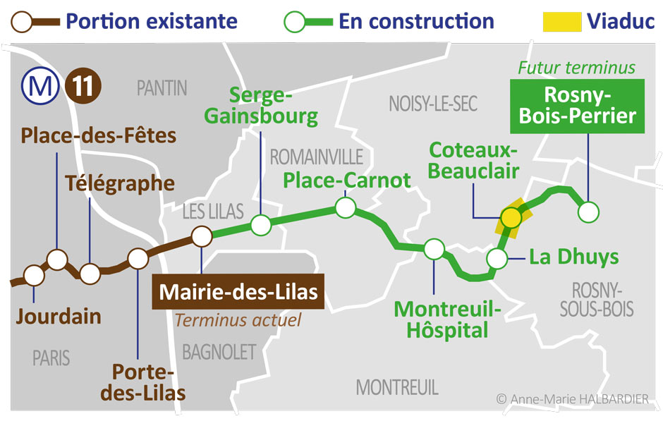 LA LIGNE 11 DU TERMINUS ACTUEL AVEC SES 6 NOUVELLES STATIONS